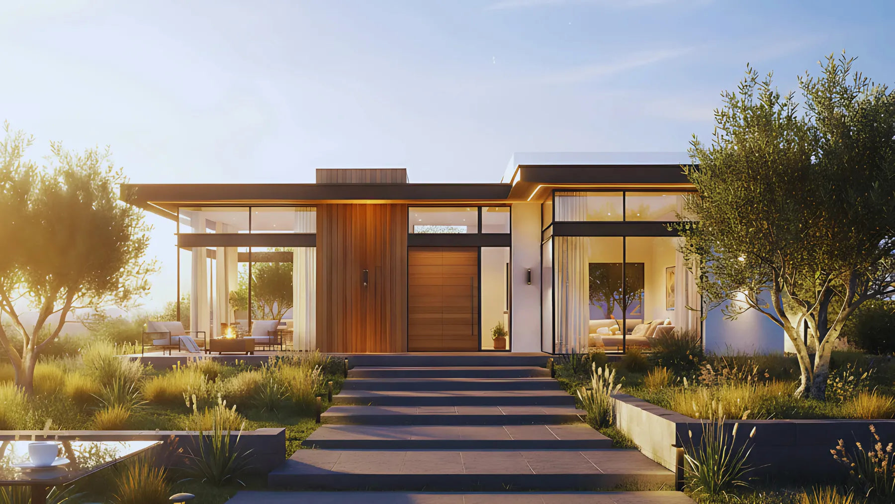 Beautiful Modern House At Sunrise with Outdoor Lights Off