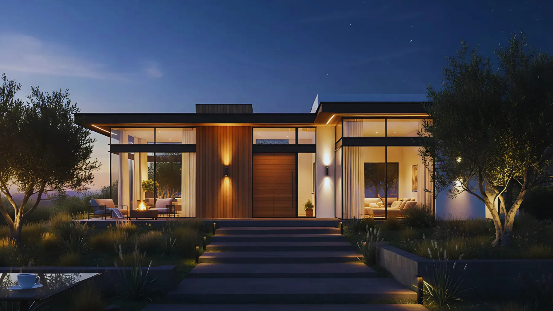 Beautiful Modern House At Sunset with Outdoor Lights On