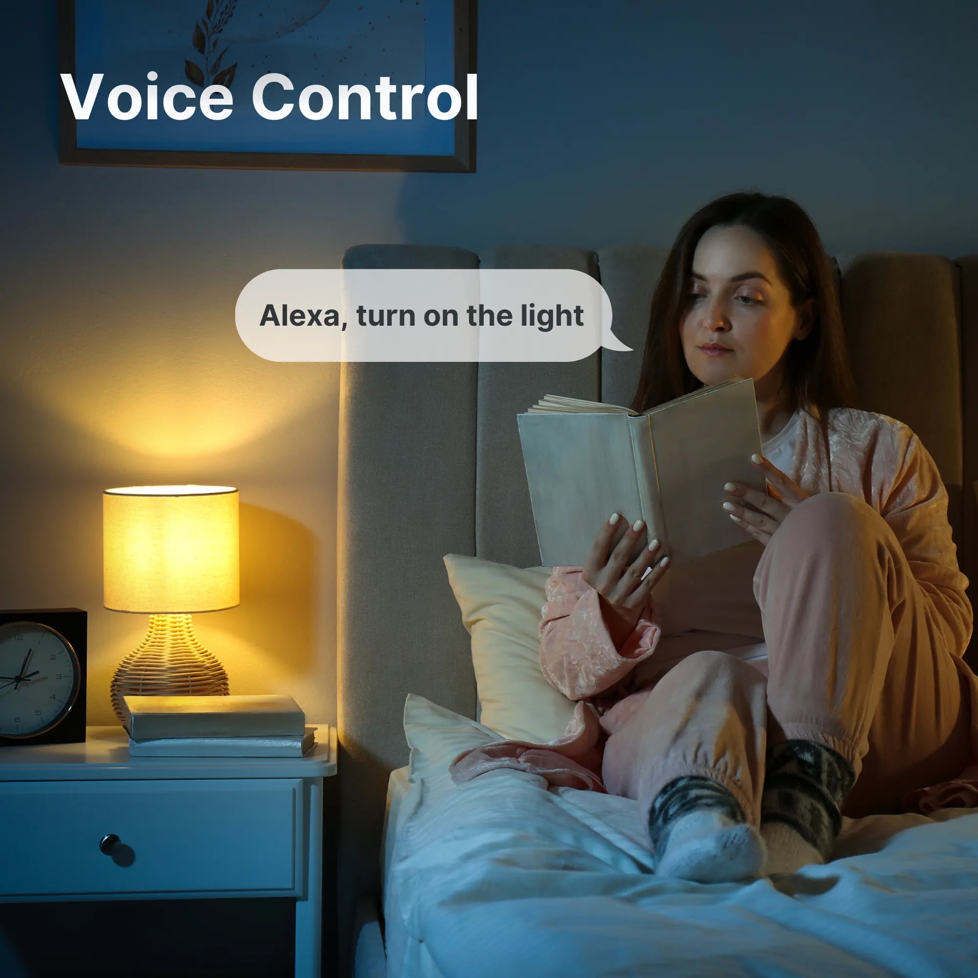Woman Reading Book on Bed At Night With Table Lamp On