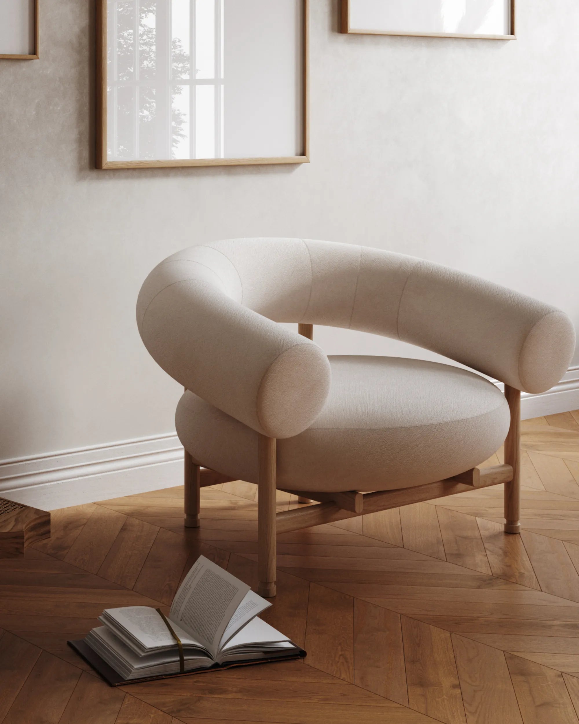 Modern White Curvy Chair With Open Book On The Floor