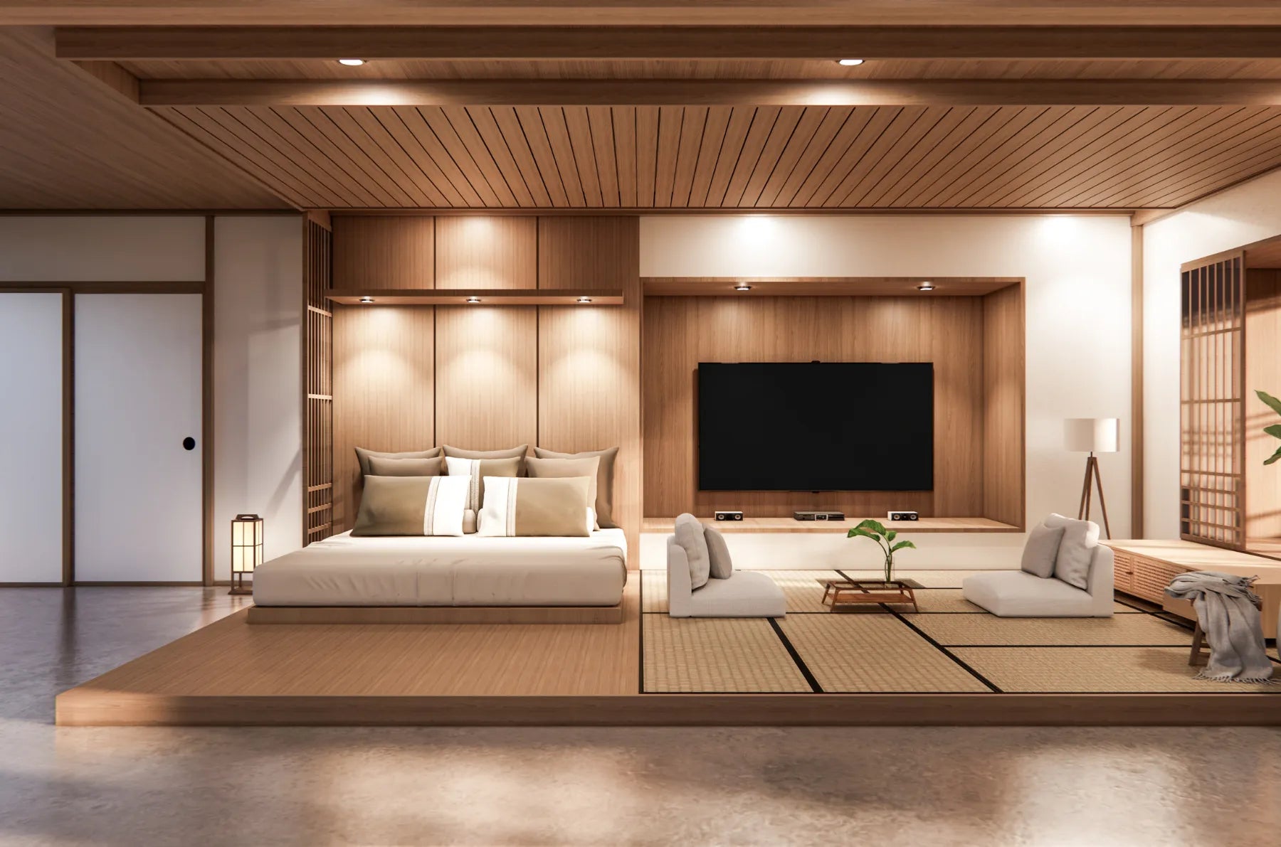 Nice Modern Bedroom With Bed, Couch, TV, Lamps, and Ceiling Lights On.