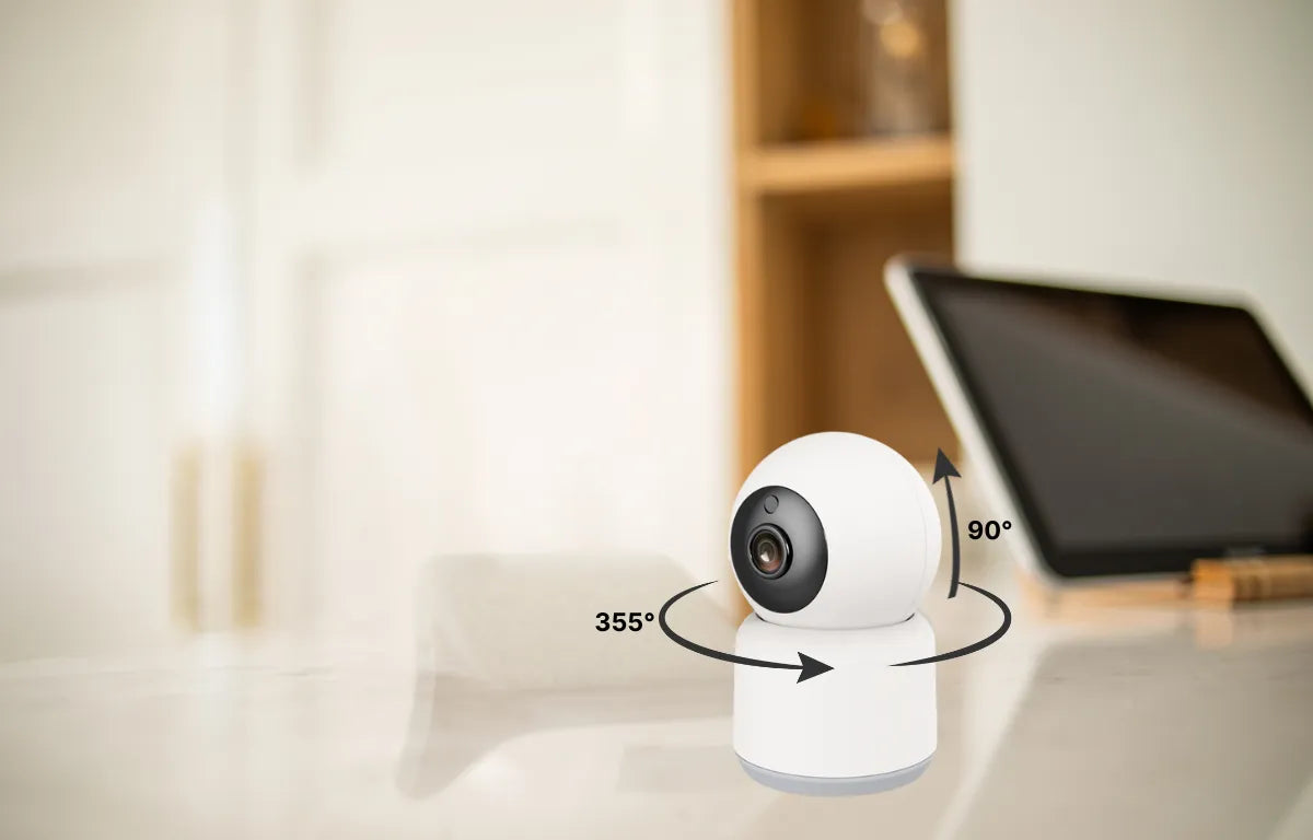 Smart Camera on Table Showing 355 Degrees Horizontal and 90 Degrees Vertical Range of Motion