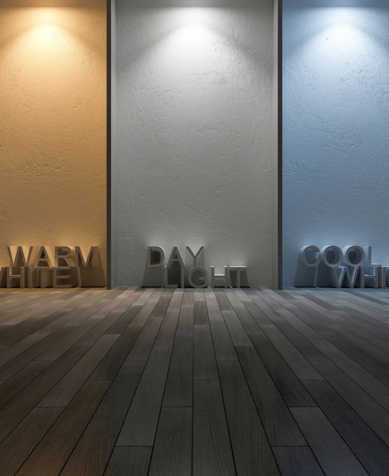 Display of the Words "Warm White", "Day Light" and "Cool White" on a Wood Floor