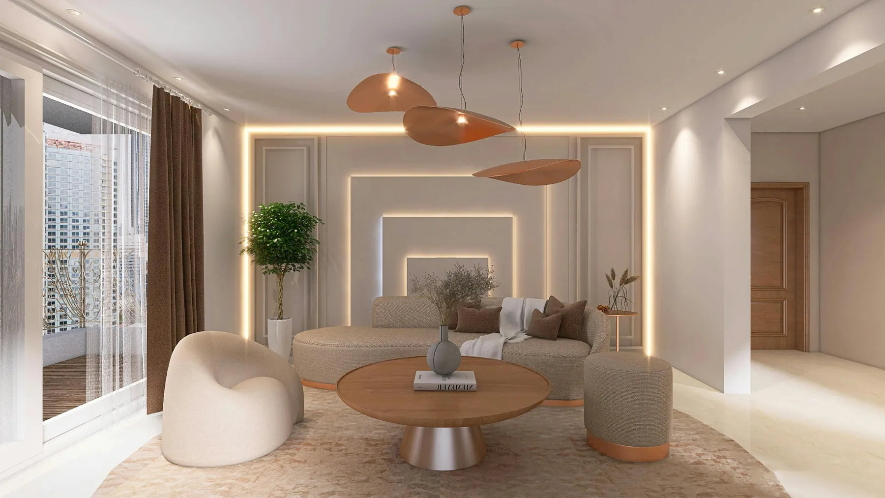 Modern Living Room with Ceiling Lights On